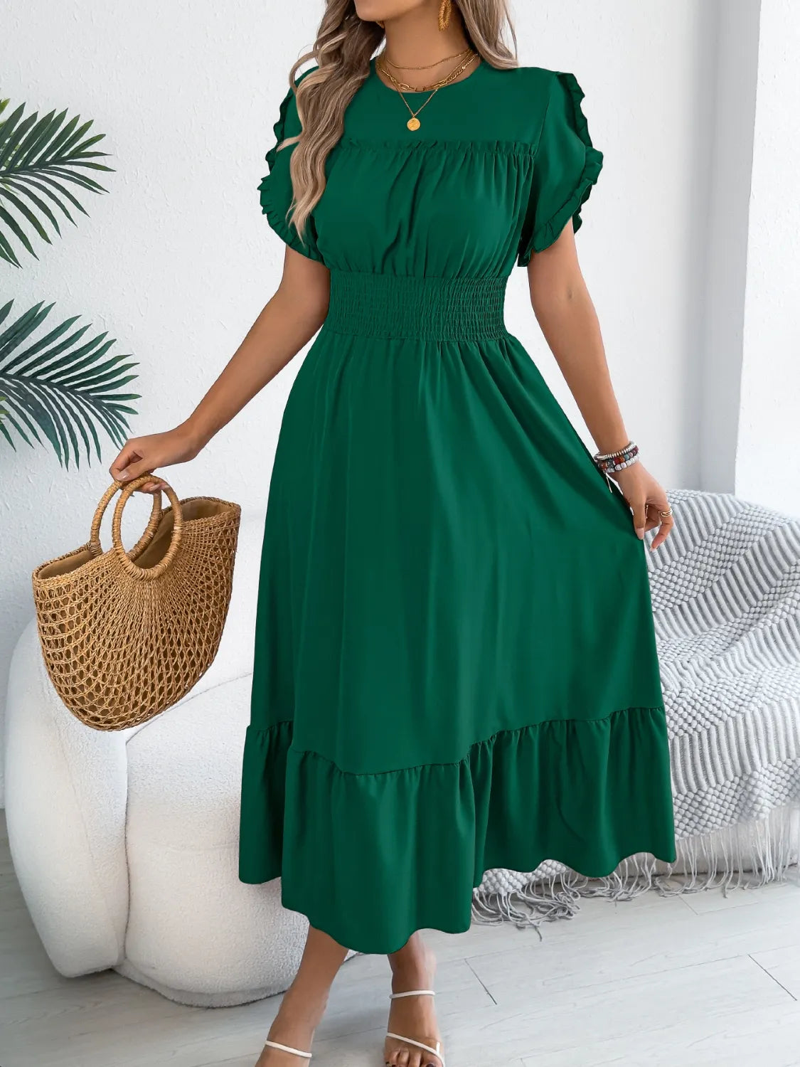 Buy Smocked Frill Round Neck Midi Dress by Faz