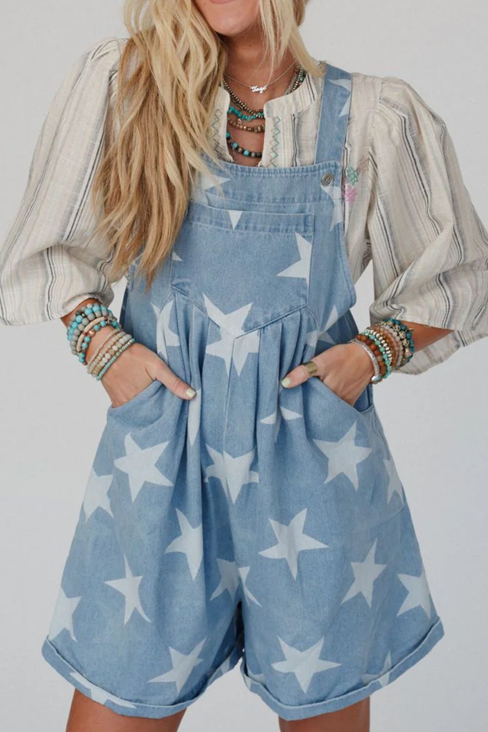 Buy Star Print Square Neck Denim Overalls by Faz