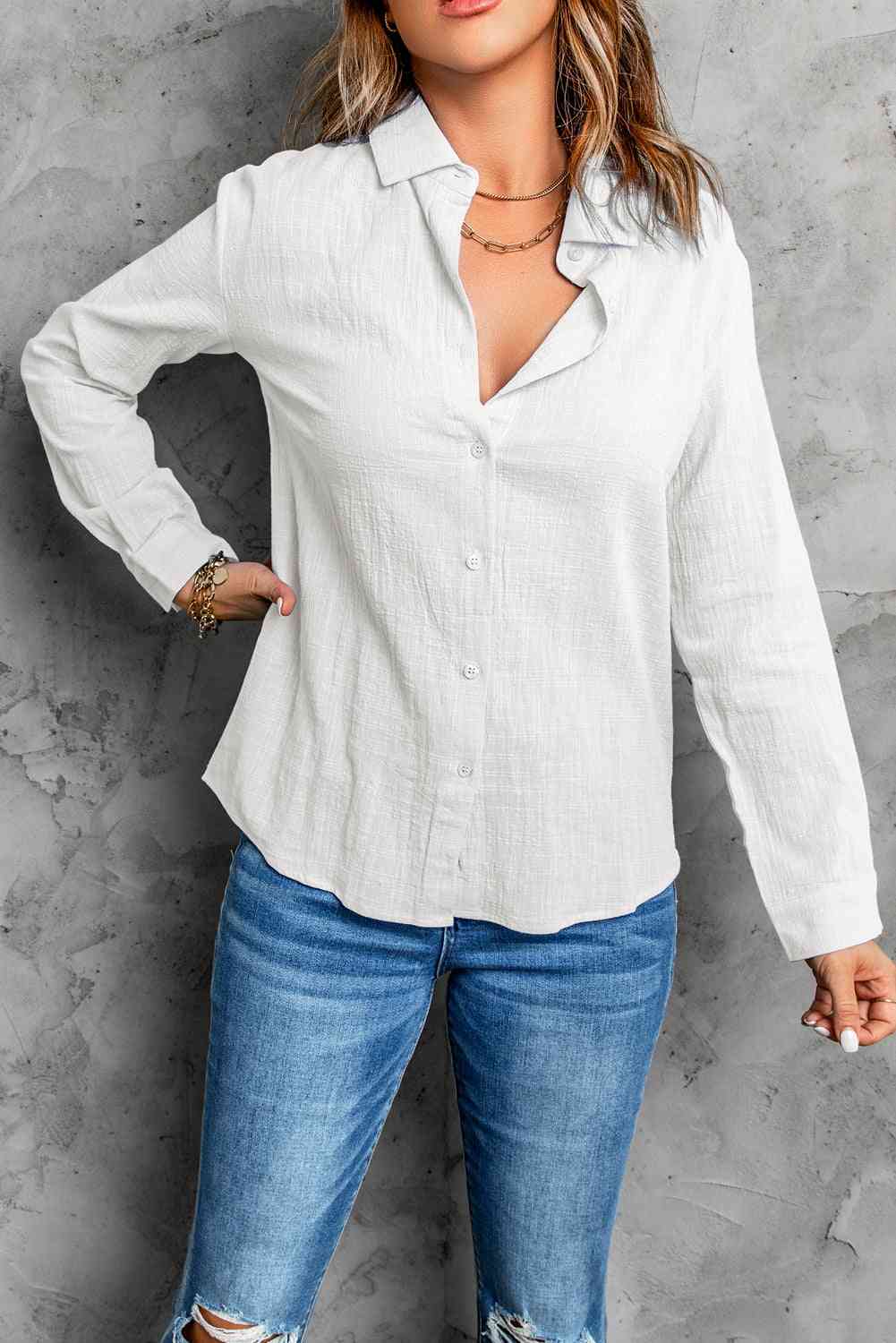 Buy Textured Button Front Curved Hem Shirt by SYNZ