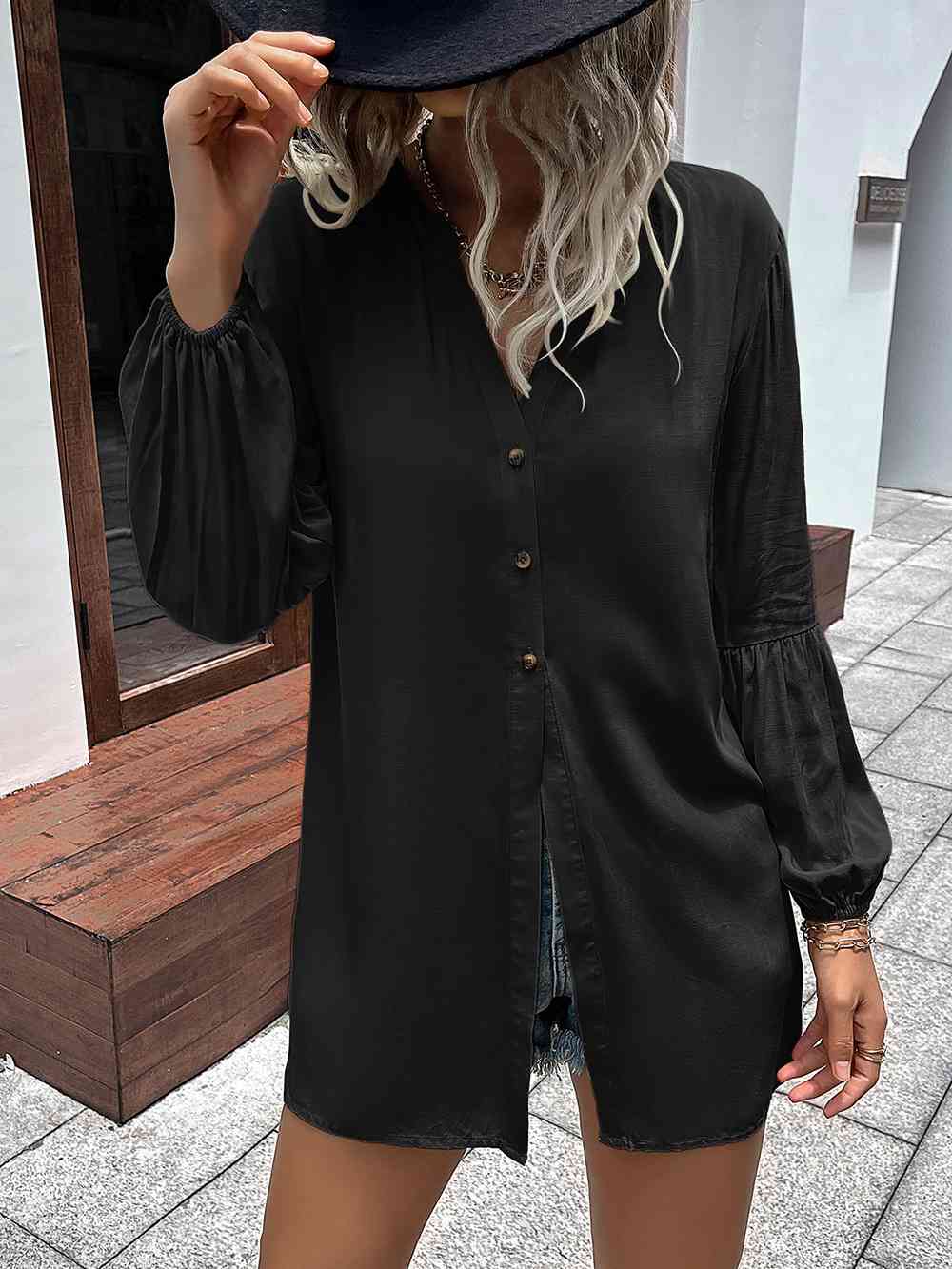 Buy Ivy Lane Notched Neck Balloon Sleeve Shirt by Double Take