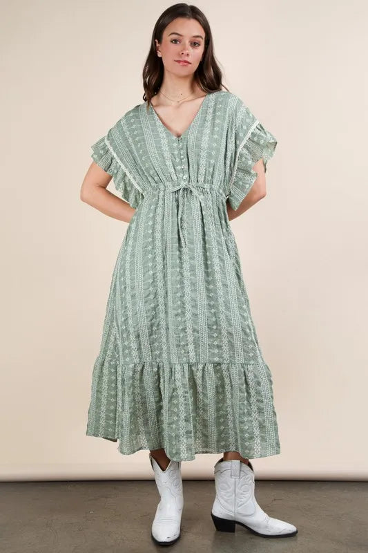 Buy Embroidered Boho Ruffled Midi Dress by Faz