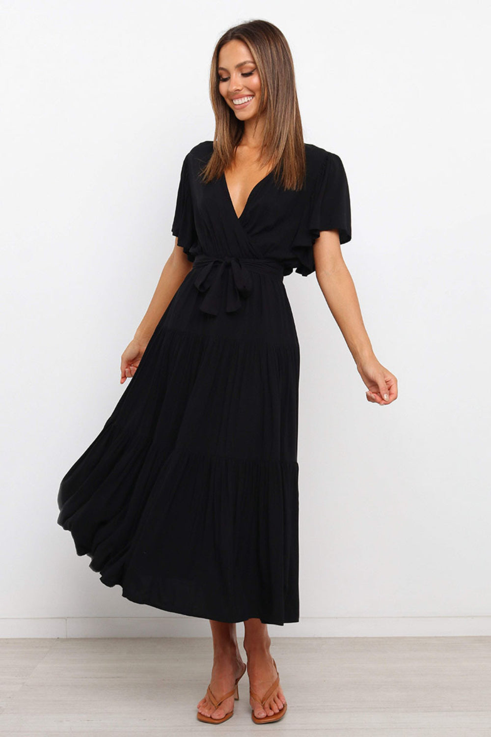 Buy Front Tie Short Sleeve Tiered Midi Dress by Faz