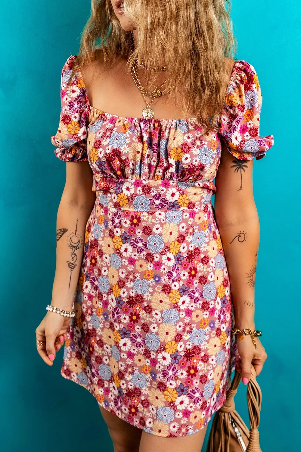 Buy Floral Puff Sleeve Square Neck Knot Open Back Mini Dress by Faz