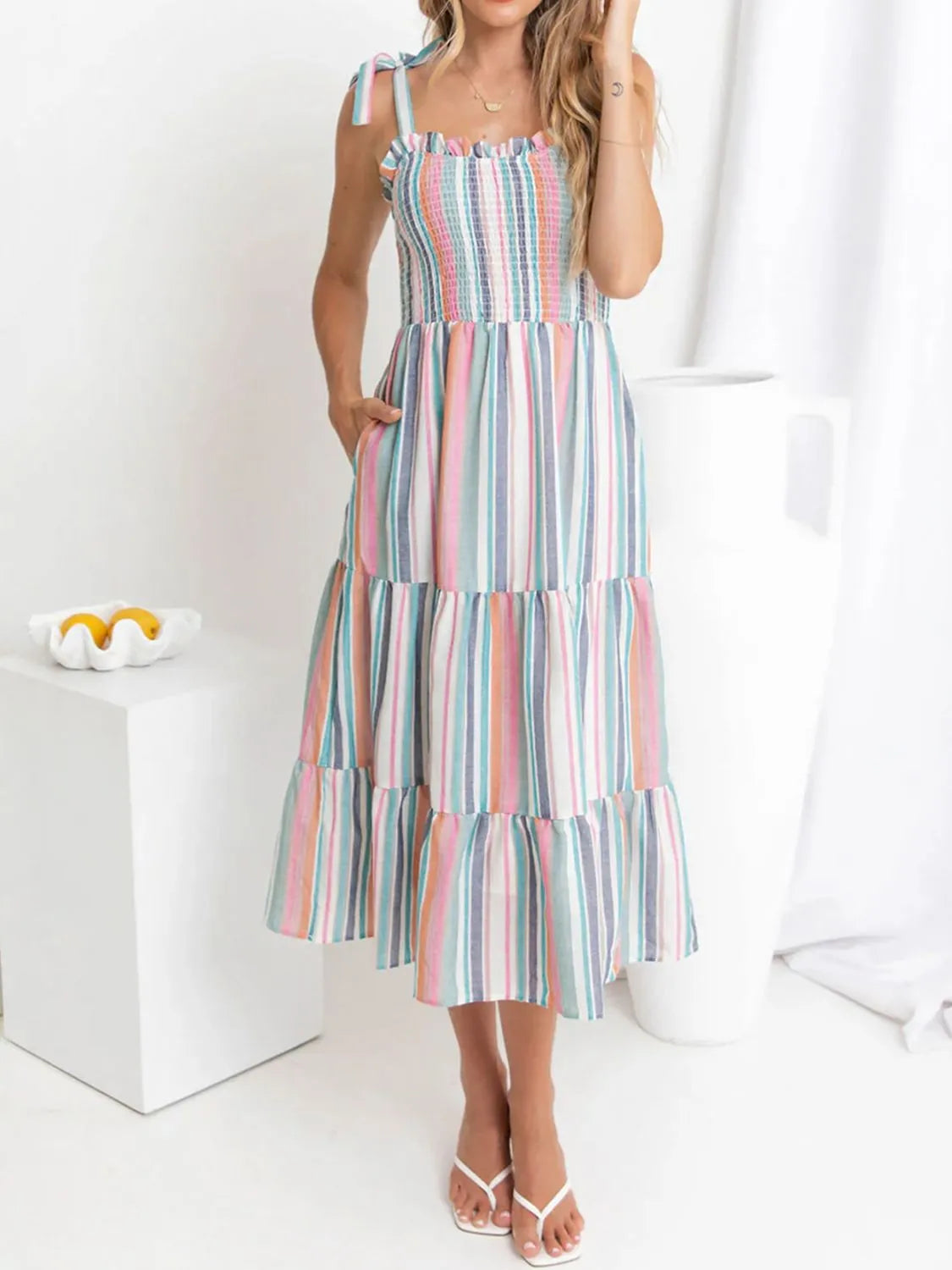 Buy Contrast Striped Square Neck Cami Dress by Faz