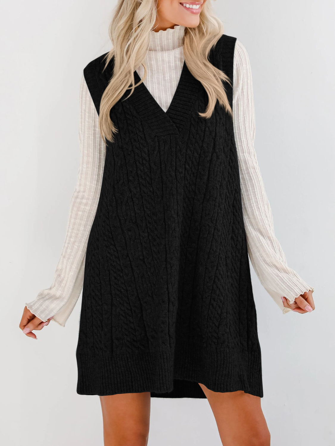 Buy Cable Knit V-Neck Mini Sweater Overall Dress by Faz