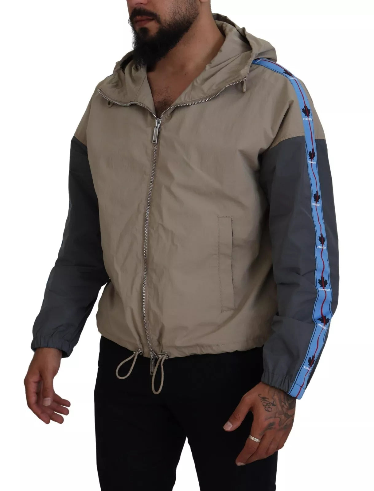 Brown Gray Sleeves Hooded Full Zip Jacket