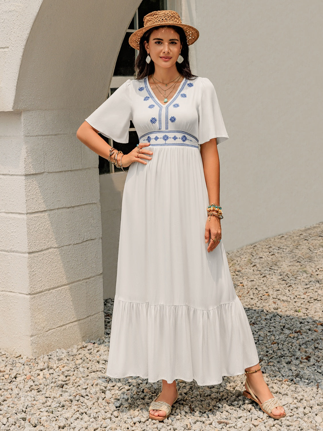 Buy Ruffled Hem V-Neck Flutter Sleeve Dress by Faz