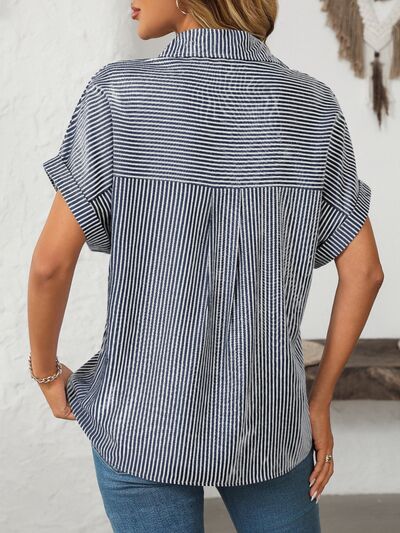 Buy Pocketed Striped Collared Neck Short Sleeve Shirt by Mandy