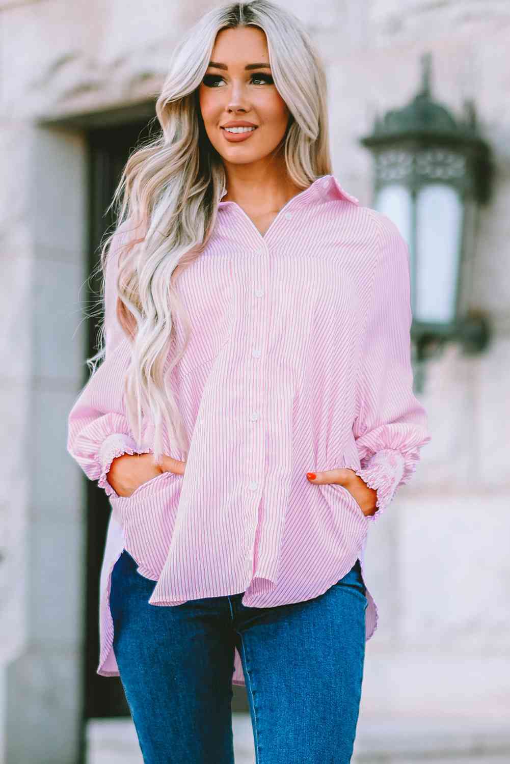 Buy Striped Lantern Sleeve Collared Shirt by SYNZ