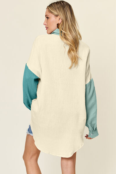 Buy Full Size Pocketed Texture Button Up Shirt by Double Take