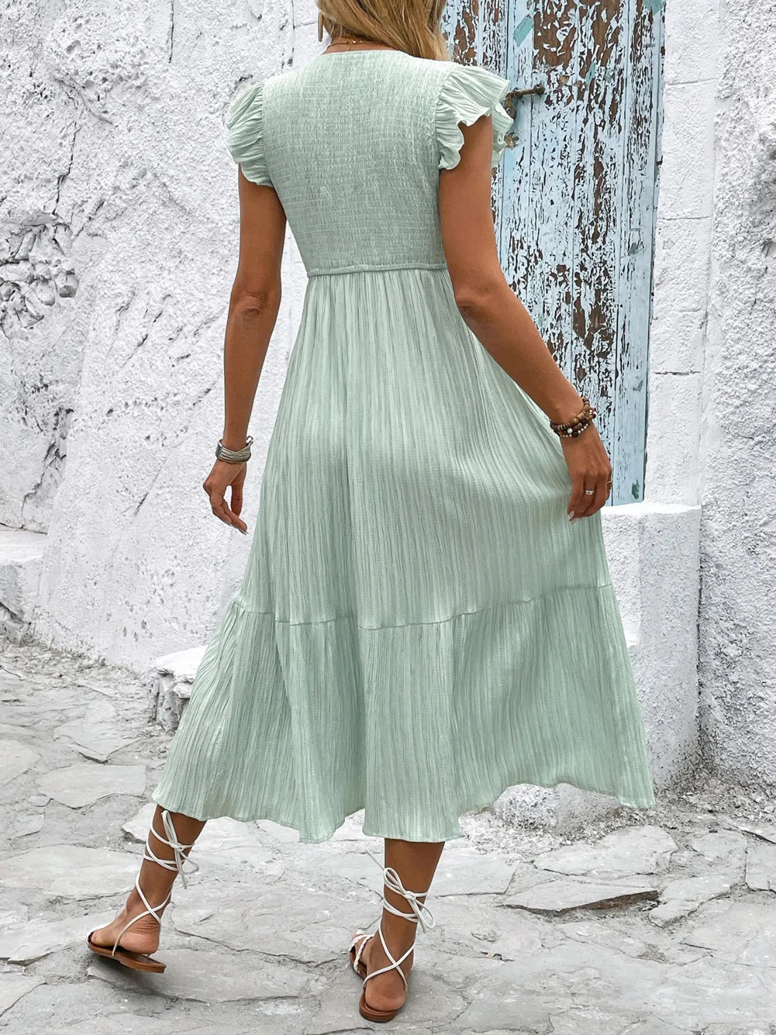 Buy V-Neck Ruffled Cap Sleeve Dress by Faz