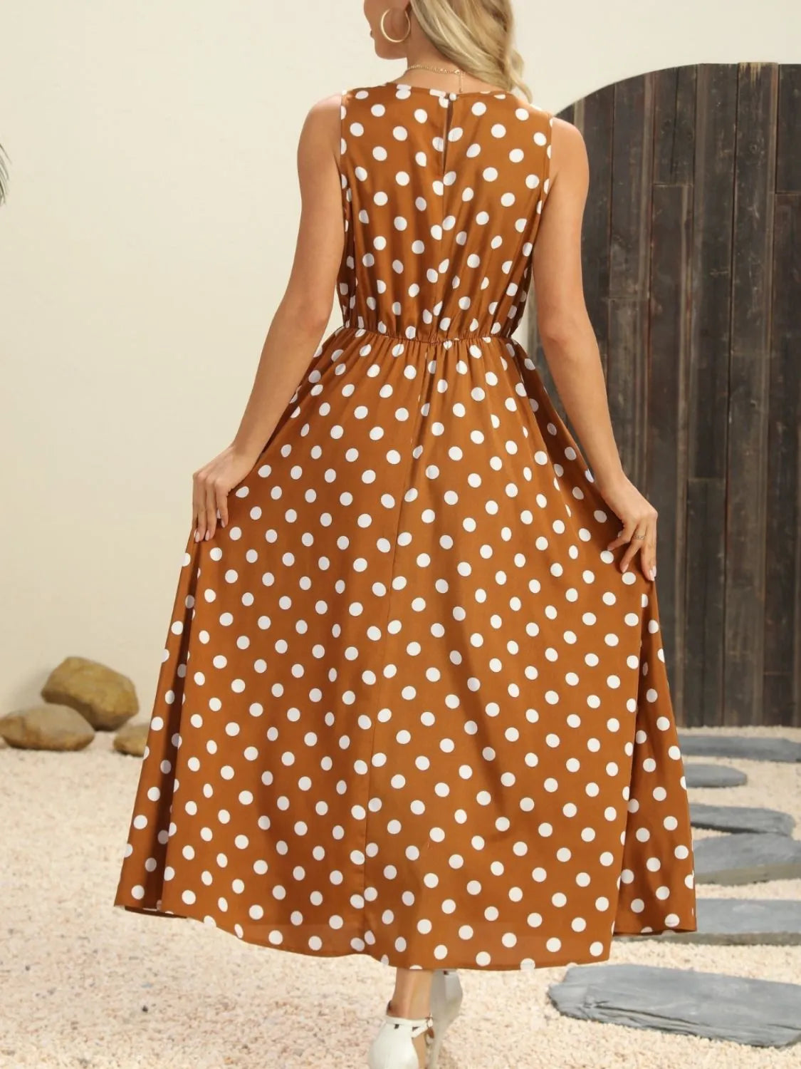 Buy Polka Dot Round Neck Sleeveless Midi Dress by Faz
