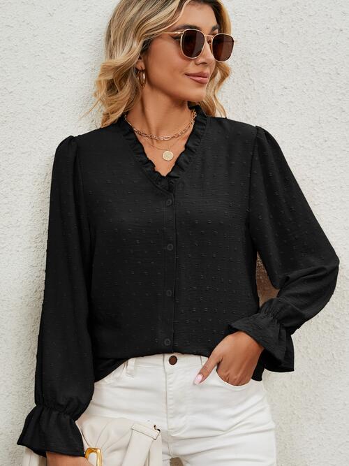 Buy Button Up Flounce Sleeve V-Neck Shirt by Manny