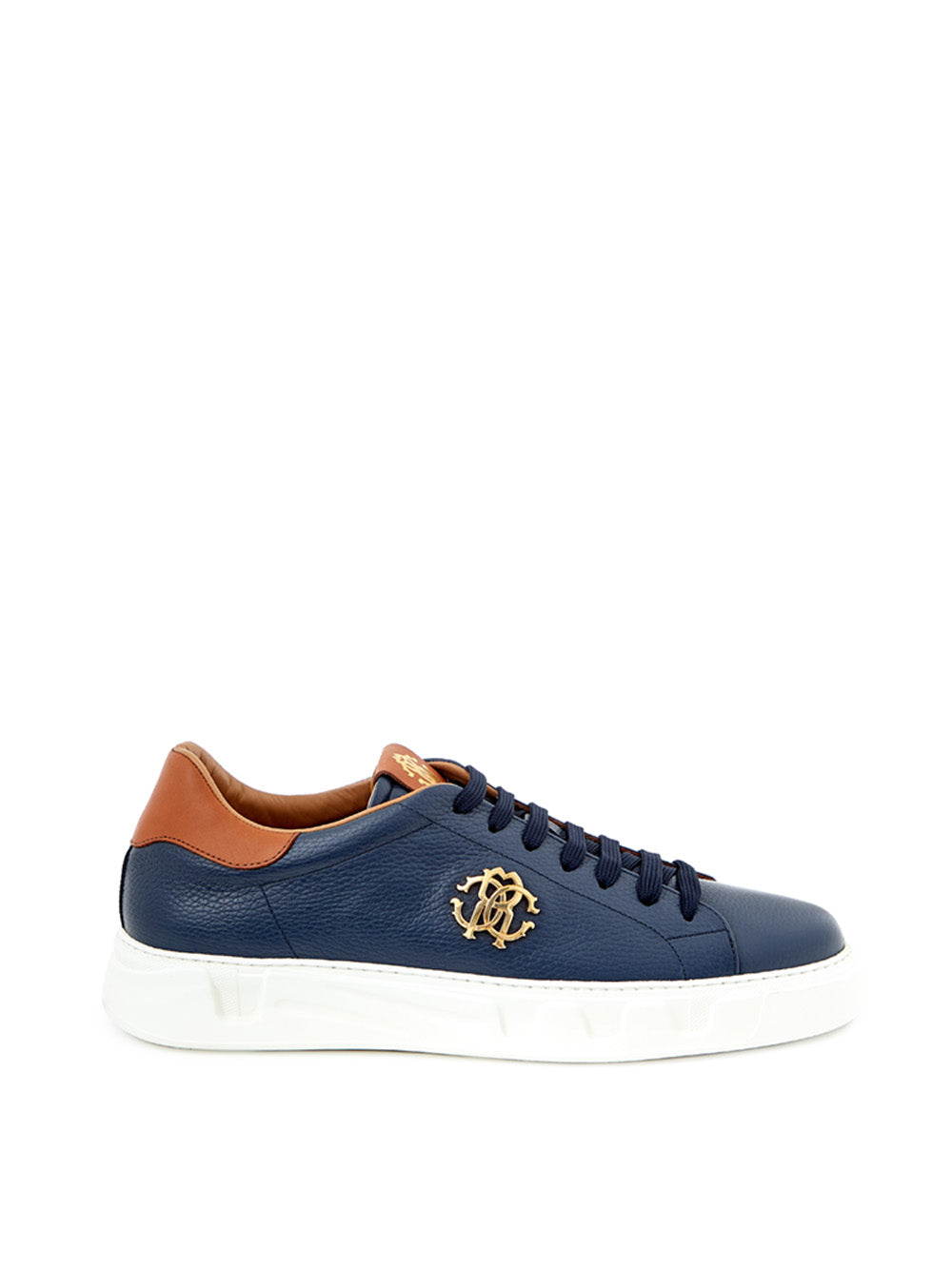 Elegant Blue Leather Sneakers with Gold Accents