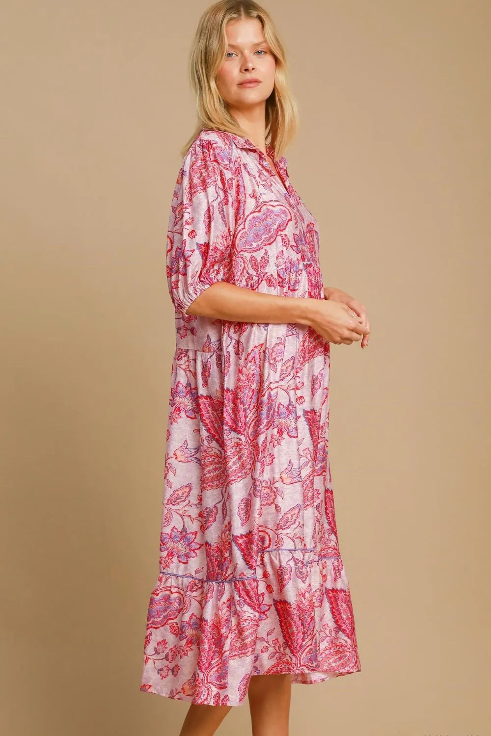 Full Size Ruffled Hem Floral Paisley Print Half Sleeve Midi Dress Plus Size