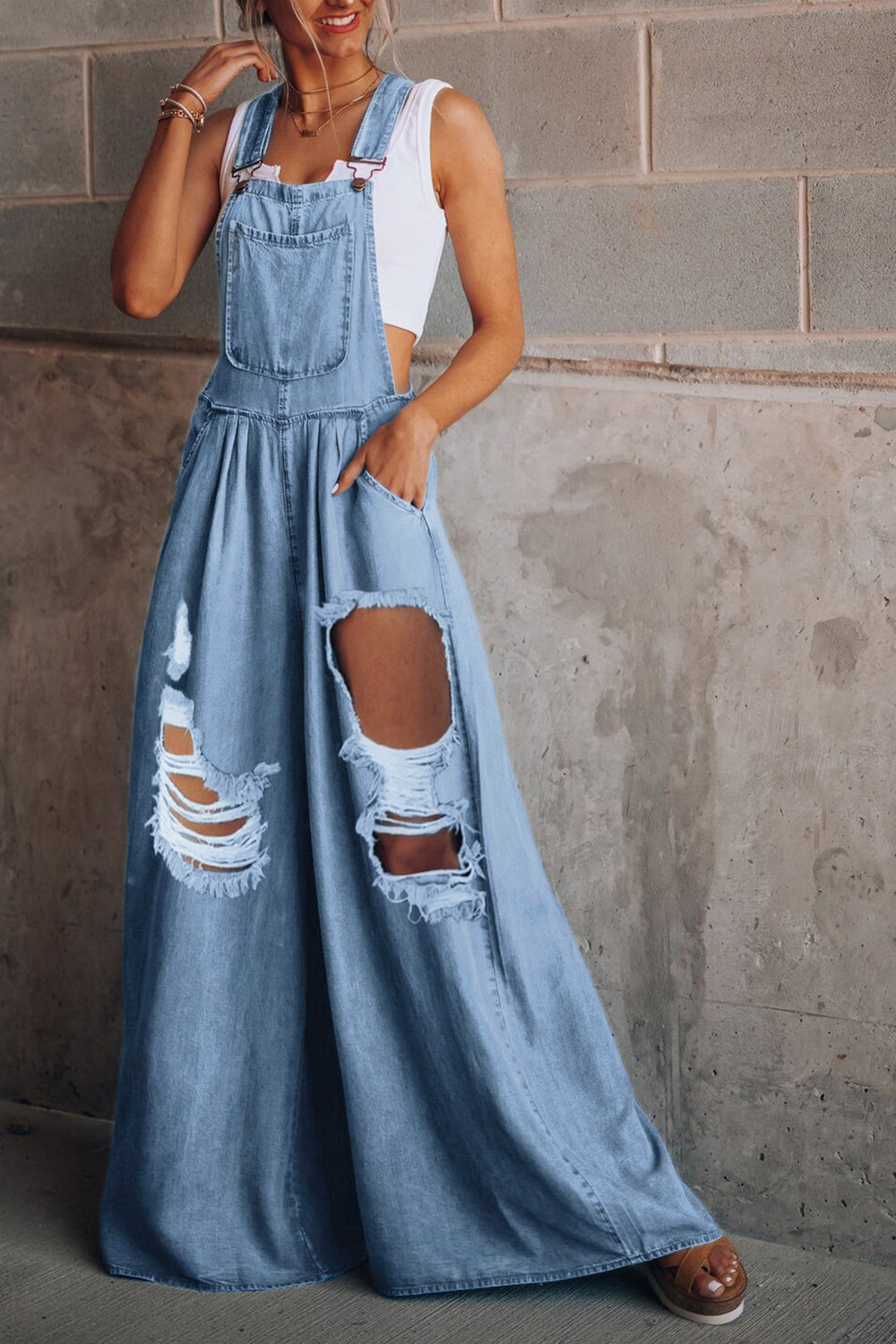 Buy Distressed Wide Leg Denim Overalls by Faz