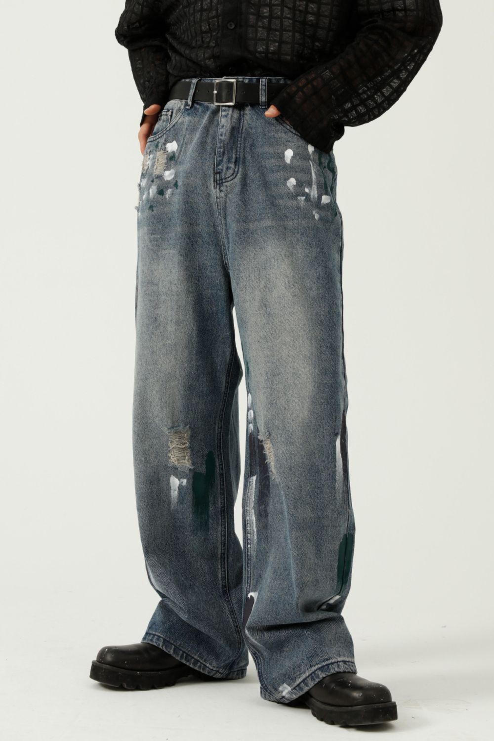 Buy Washed Distressed Wide-Leg Jeans by Faz