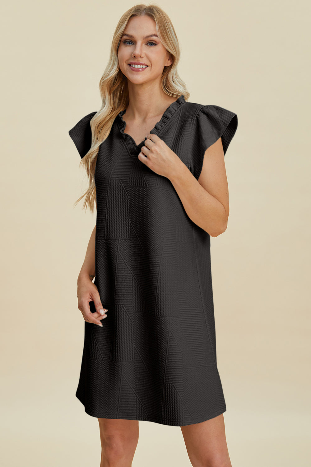 Buy Full Size Ruffled V-Neck Cap Sleeve Dress by Faz