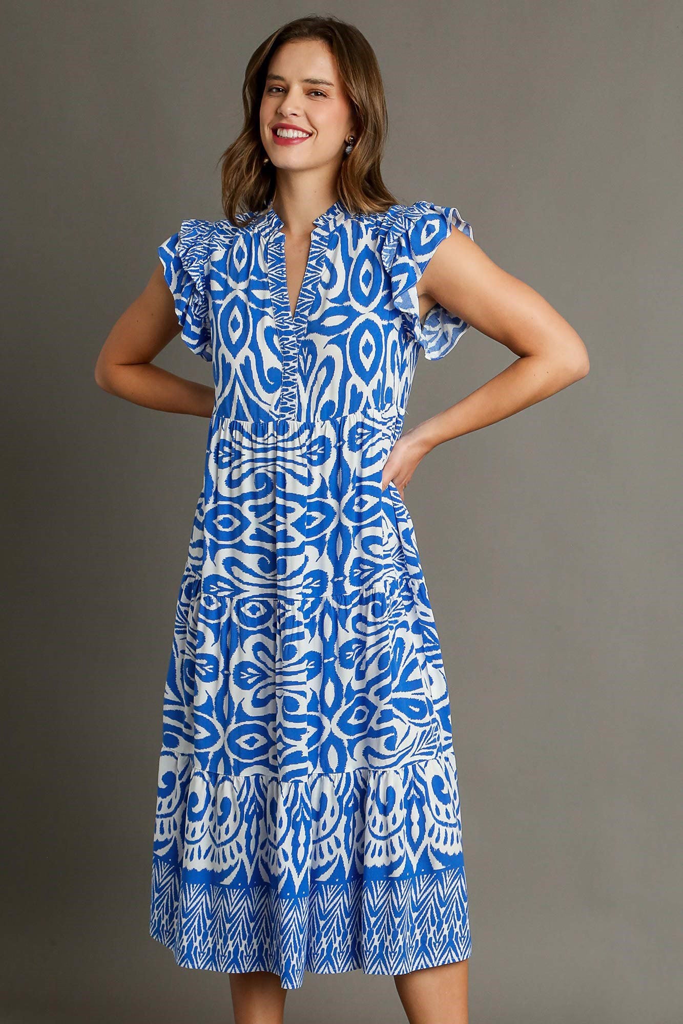 Buy Full Size Two Tone Border Print Ruffle Cap Sleeve Midi Dress Plus Size by Faz