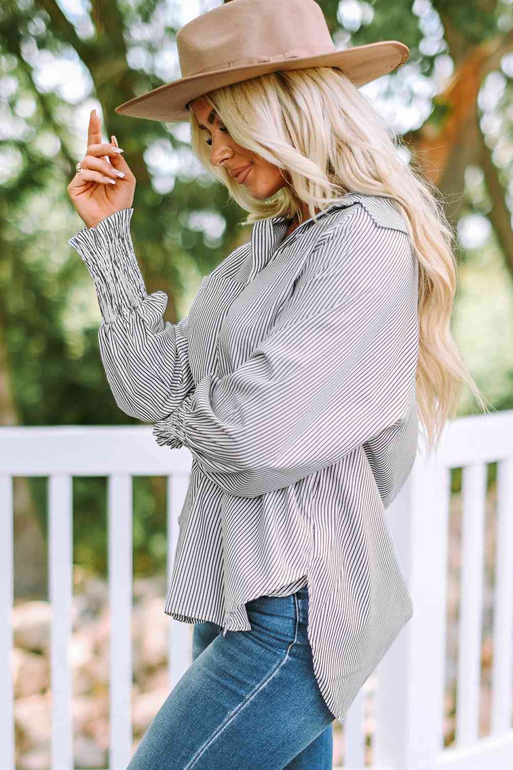 Buy Striped Lantern Sleeve Collared Shirt by SYNZ