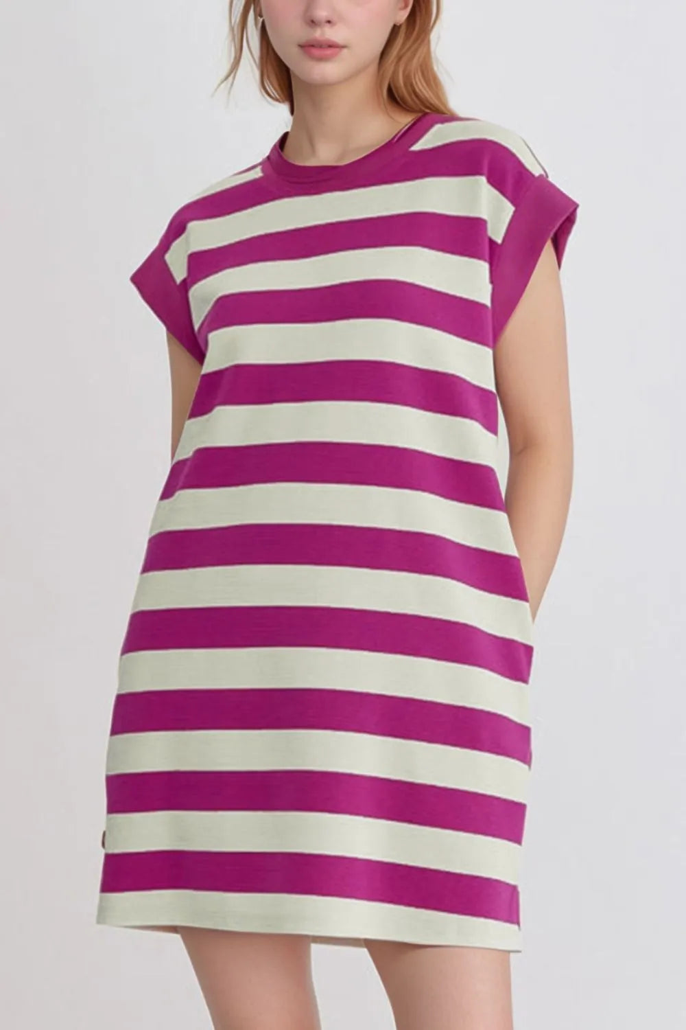 Buy Stripe Cap Sleeve Pocketed Shift Tee Dress by Faz
