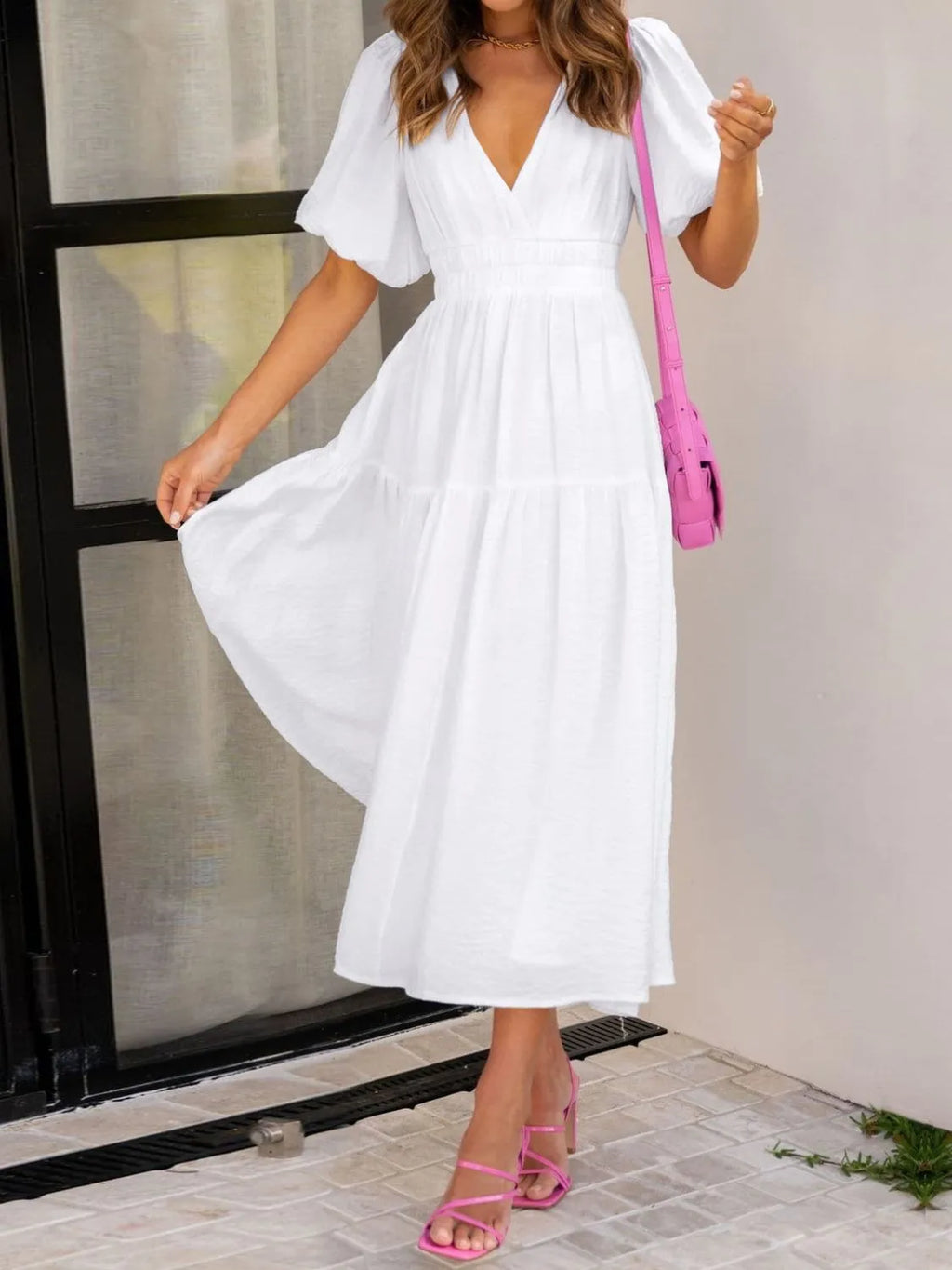 Buy V-Neck Puff Sleeve Midi Dress by Faz