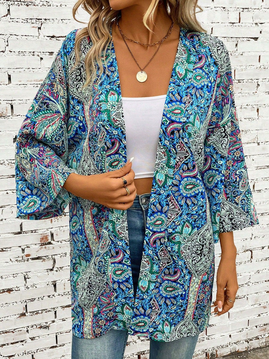 Buy Printed Open Front Three-Quarter Sleeve Cover Up by Faz