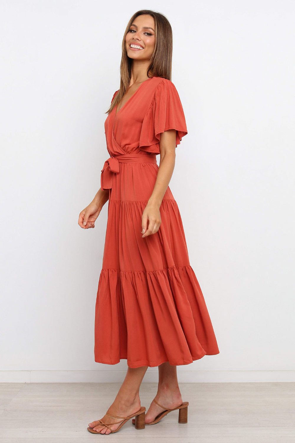 Tied Tiered Short Sleeve Midi Dress