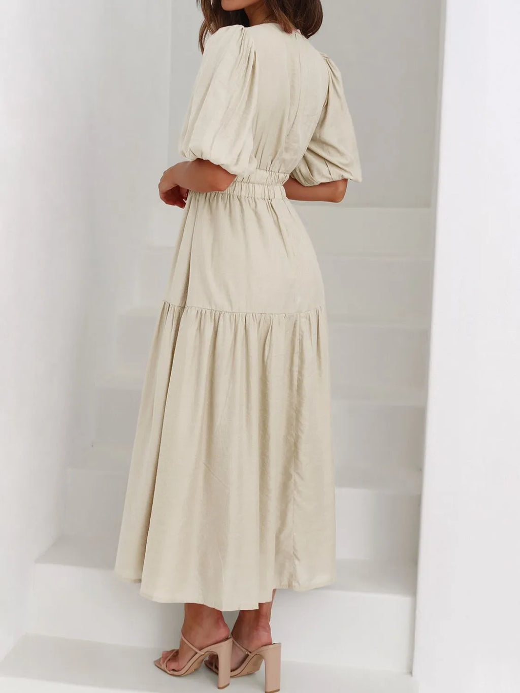 Buy V-Neck Puff Sleeve Midi Dress by Faz