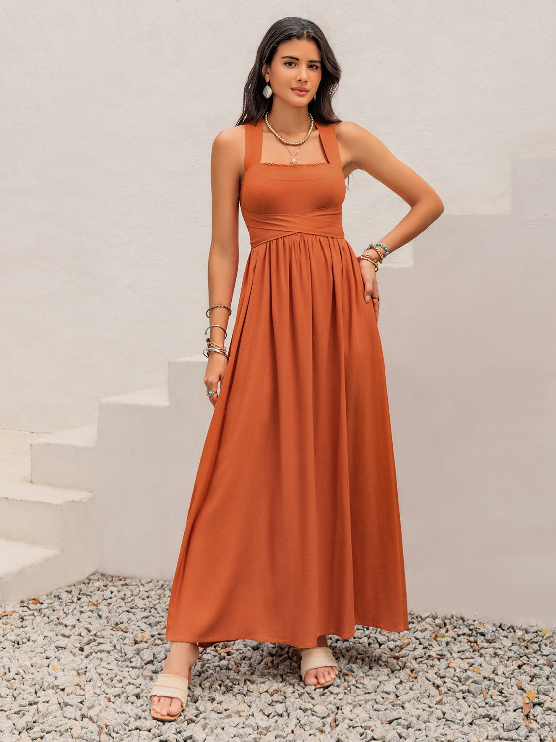 Buy Crisscross Back Smocked Square Neck Maxi Dress by Faz