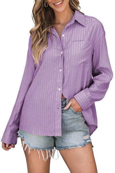 Buy Striped Button Up Long Sleeve Shirt by SYNZ