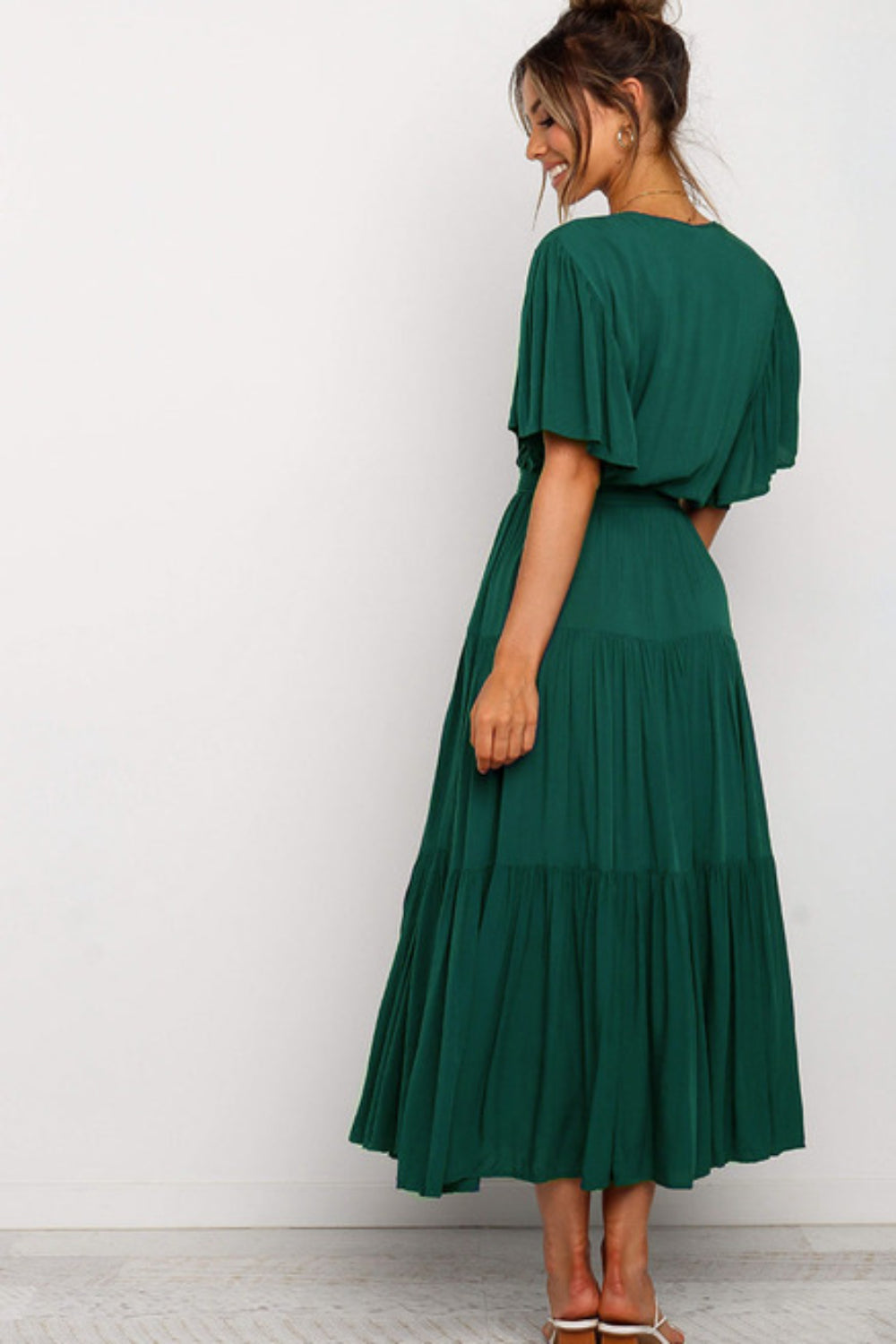 Buy Front Tie Short Sleeve Tiered Midi Dress by Faz