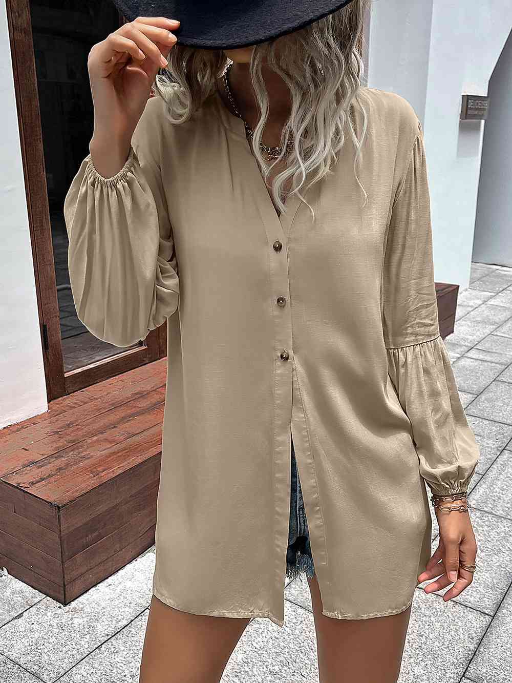 Buy Ivy Lane Notched Neck Balloon Sleeve Shirt by Double Take