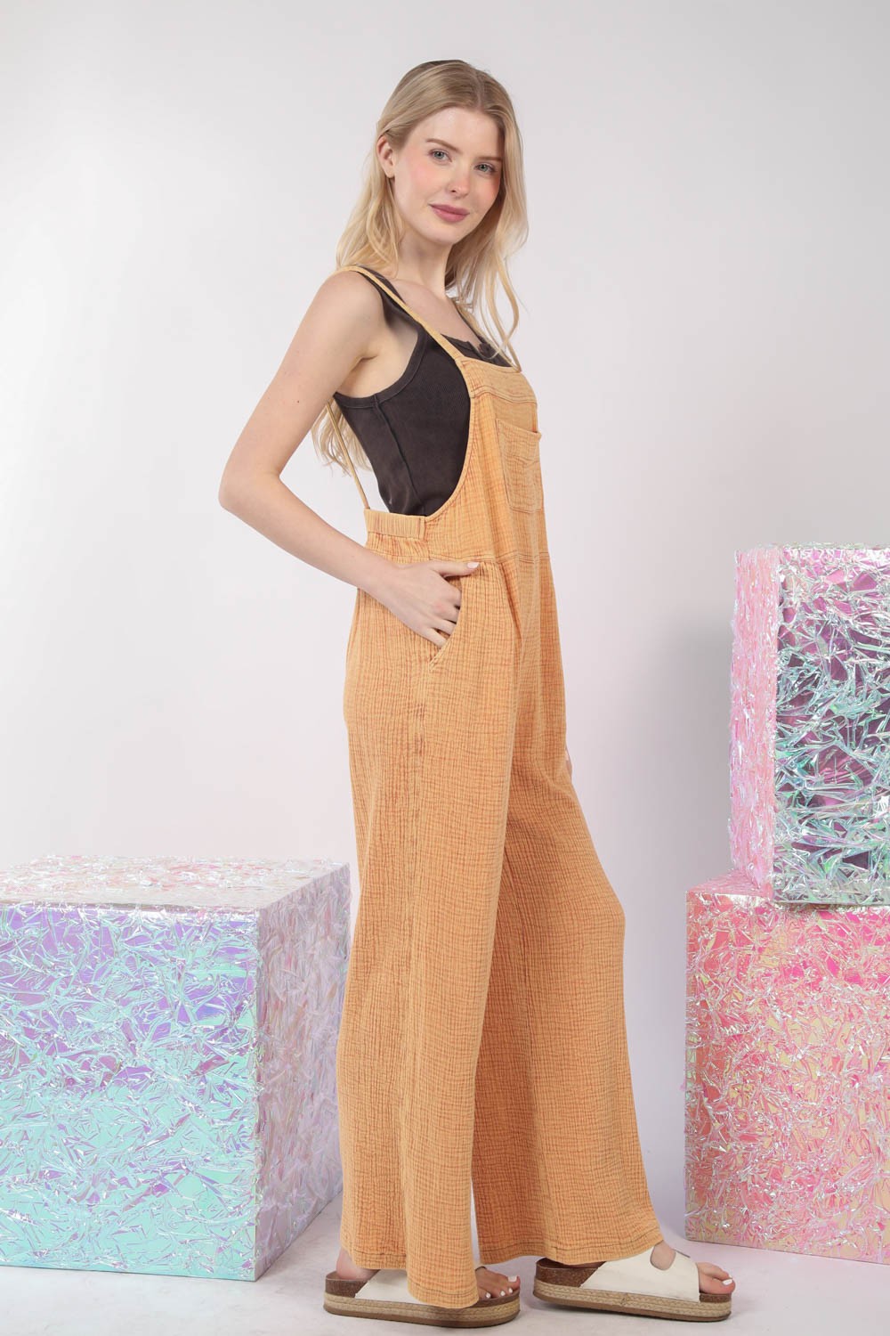 Buy Texture Washed Wide Leg Overalls by Faz