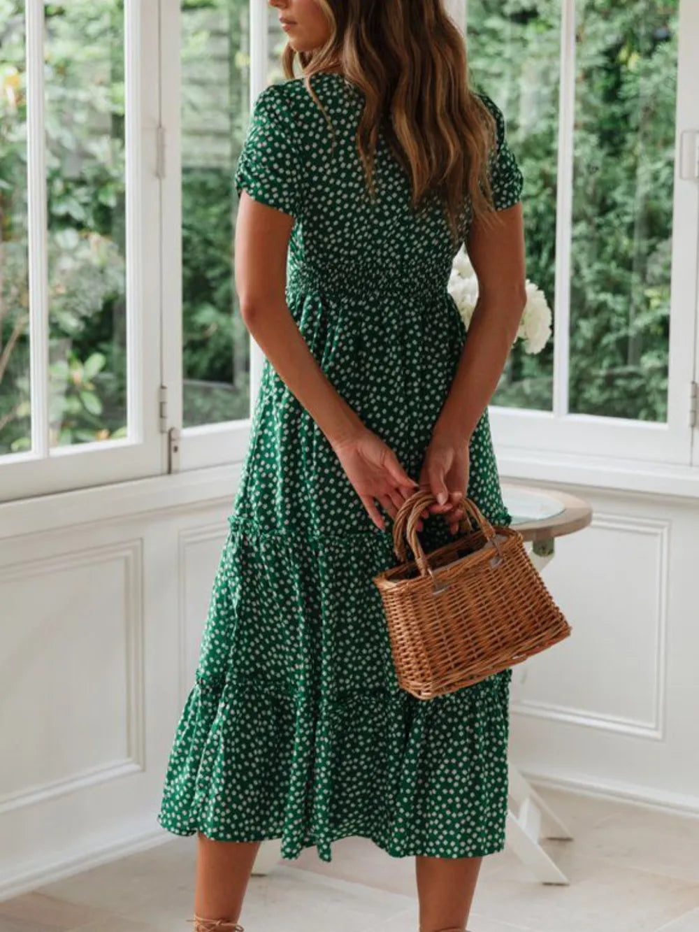 Buy Printed Square Neck Short Sleeve Midi Dress by Faz