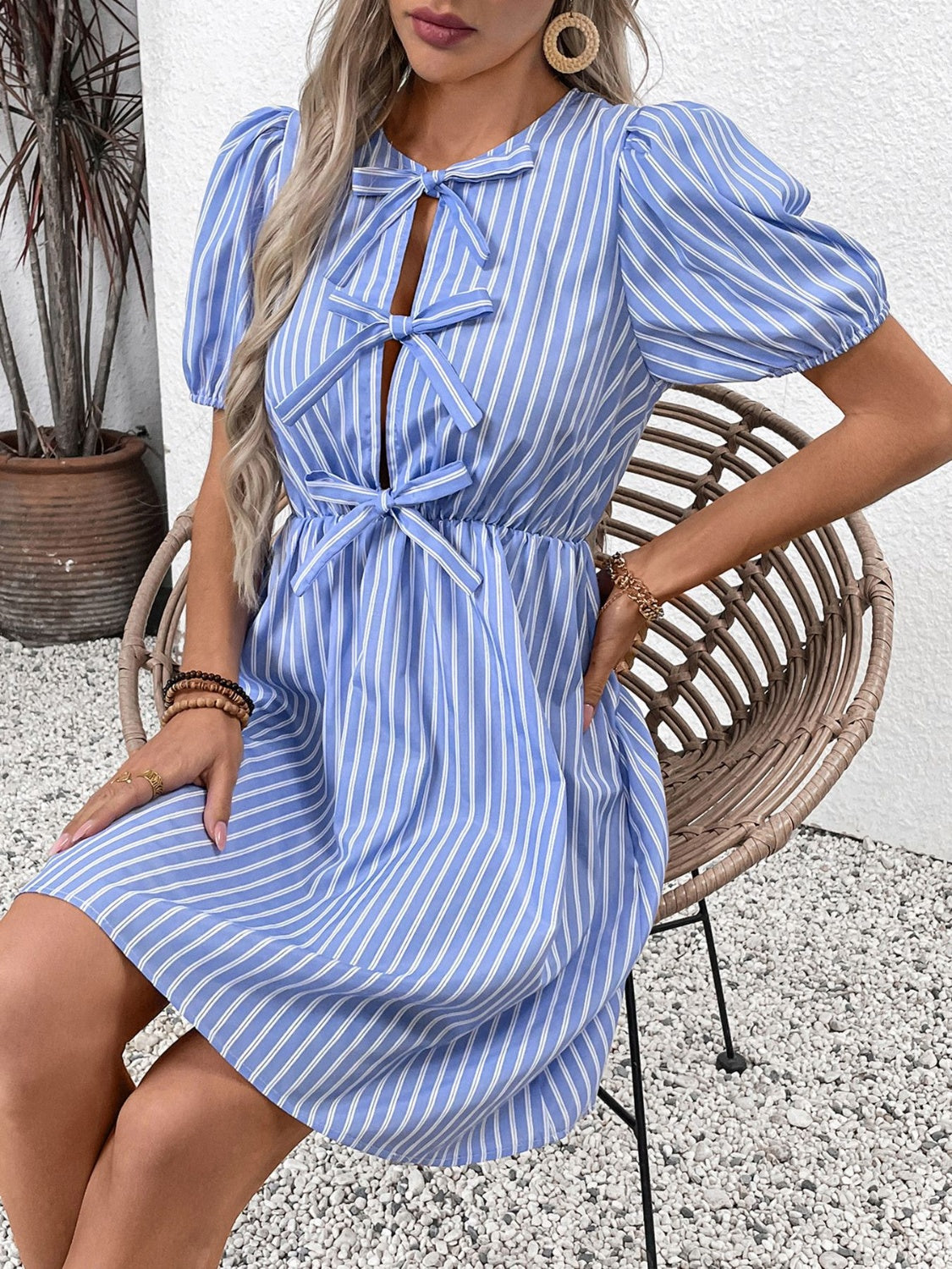 Buy Tied Striped Short Sleeve Mini Dress by Faz