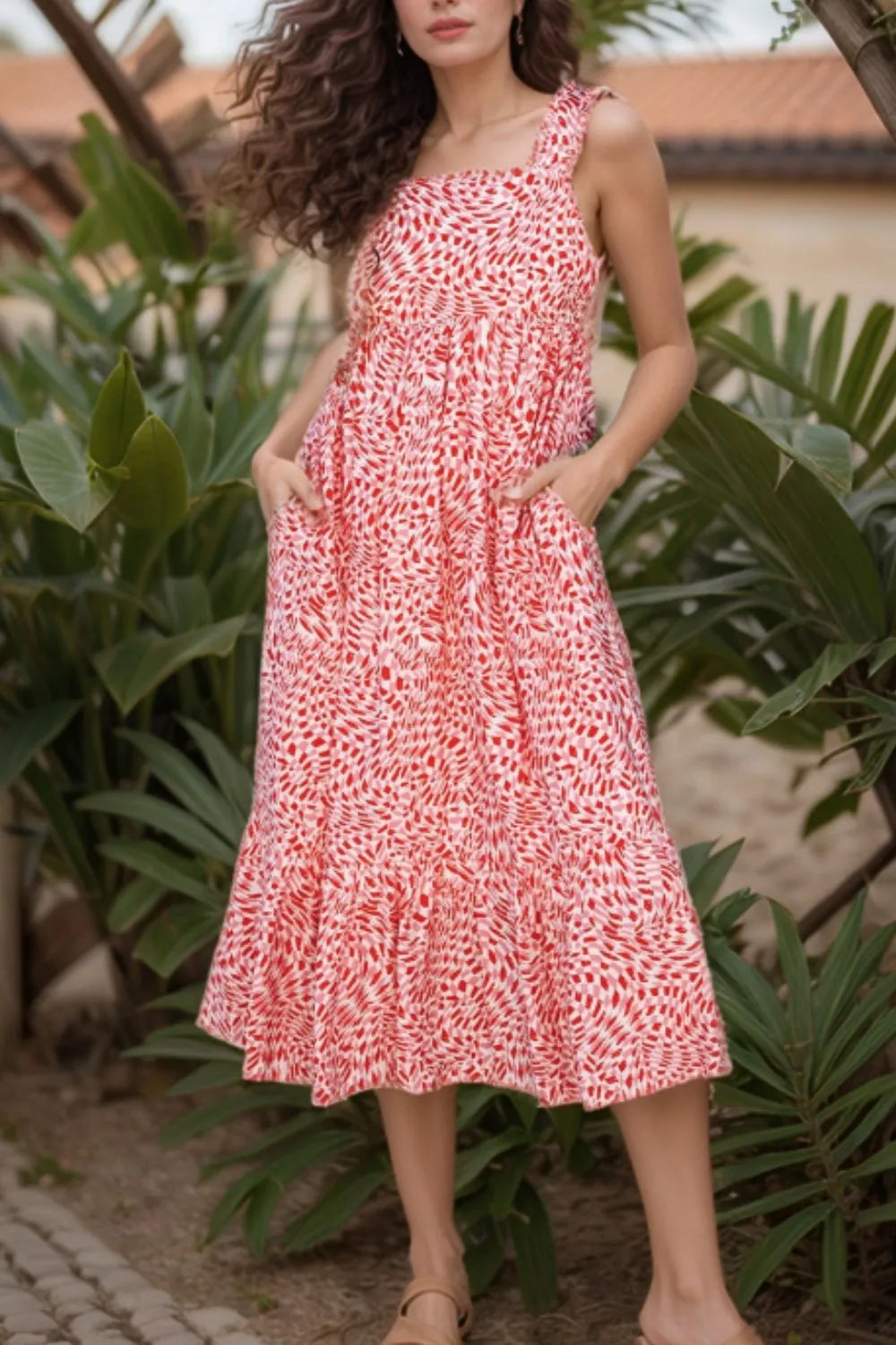 Buy Geometric Print Knot Back Sleeveless Ruffle Hem Dress by Faz