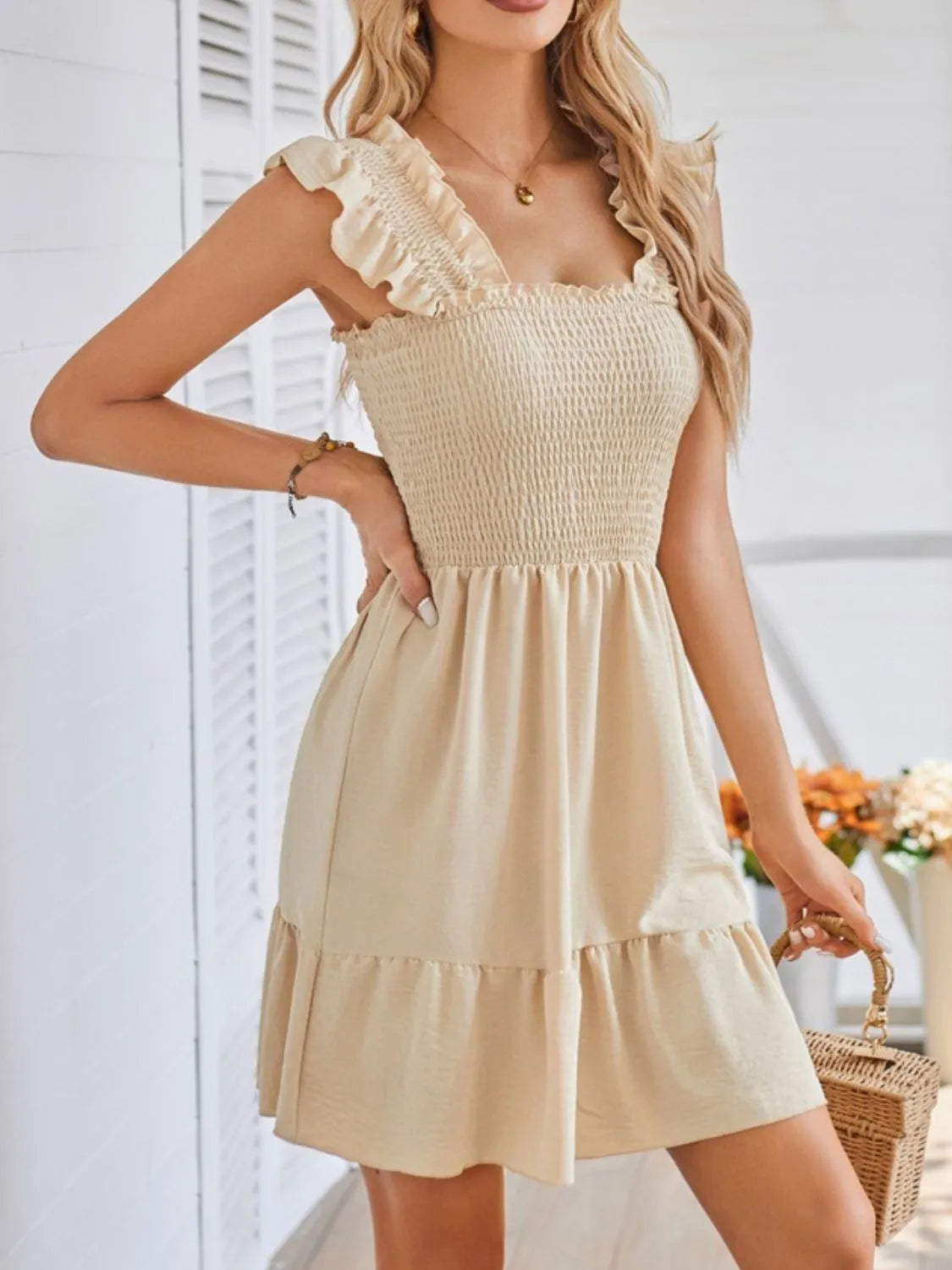 Buy Smocked Square Neck Wide Strap Dress by Faz