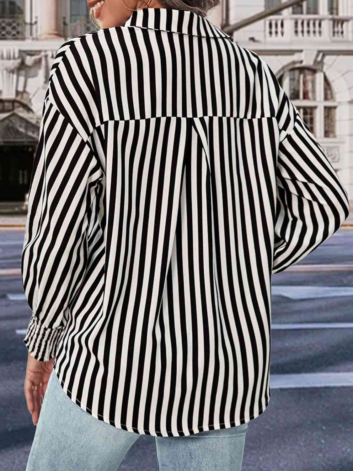 Buy Perfee Striped Dropped Shoulder Smocked Wristband Shirt by Hundredth