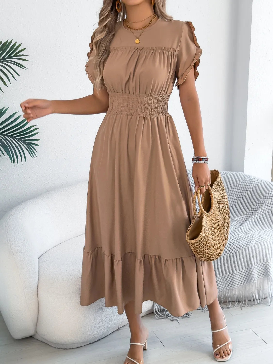 Buy Smocked Frill Round Neck Midi Dress by Faz