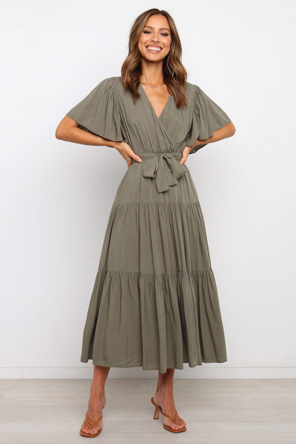 Buy Tied Tiered Short Sleeve Midi Dress by Faz