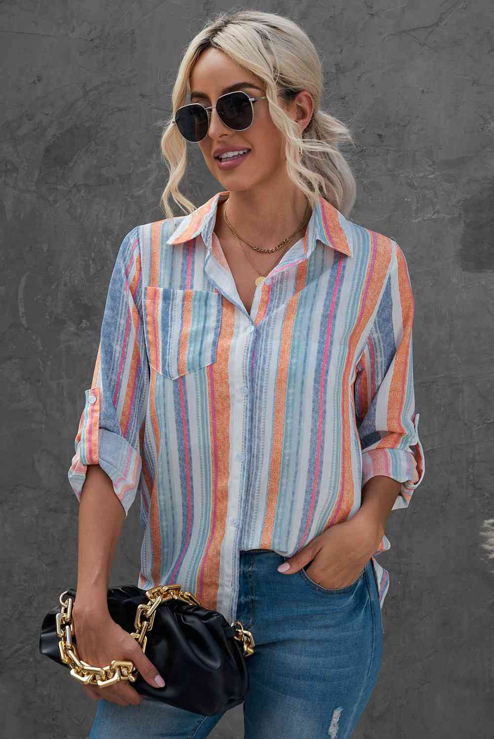Buy Striped Button-Up Curved Hem Shirt with Breast Pocket by SYNZ