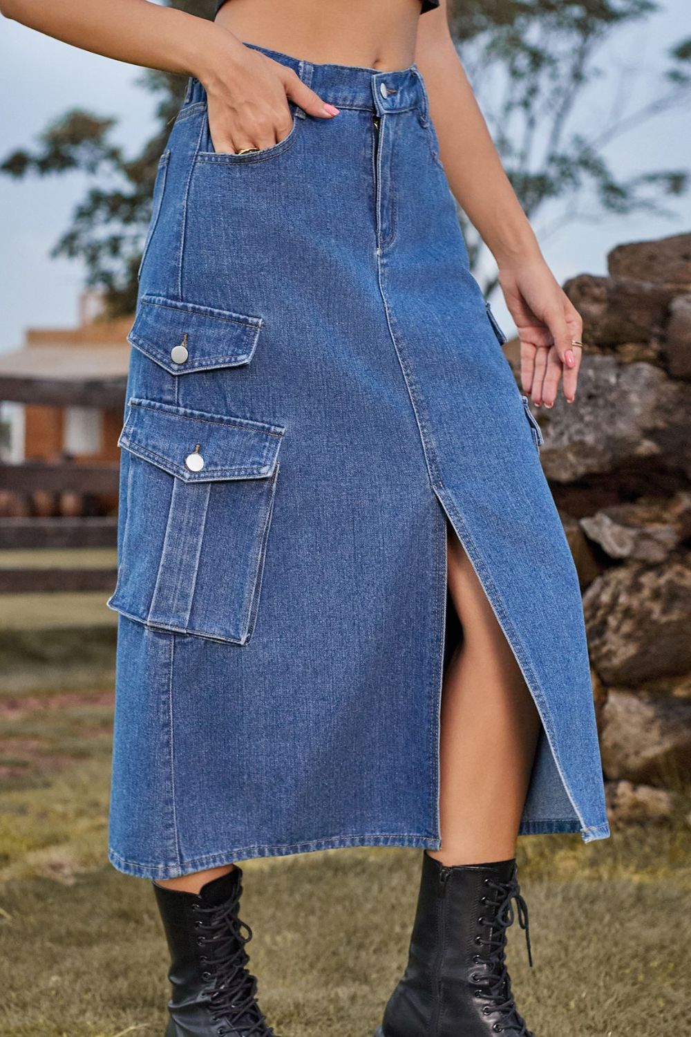 Buy Slit Front Midi Denim Skirt with Pockets by Faz