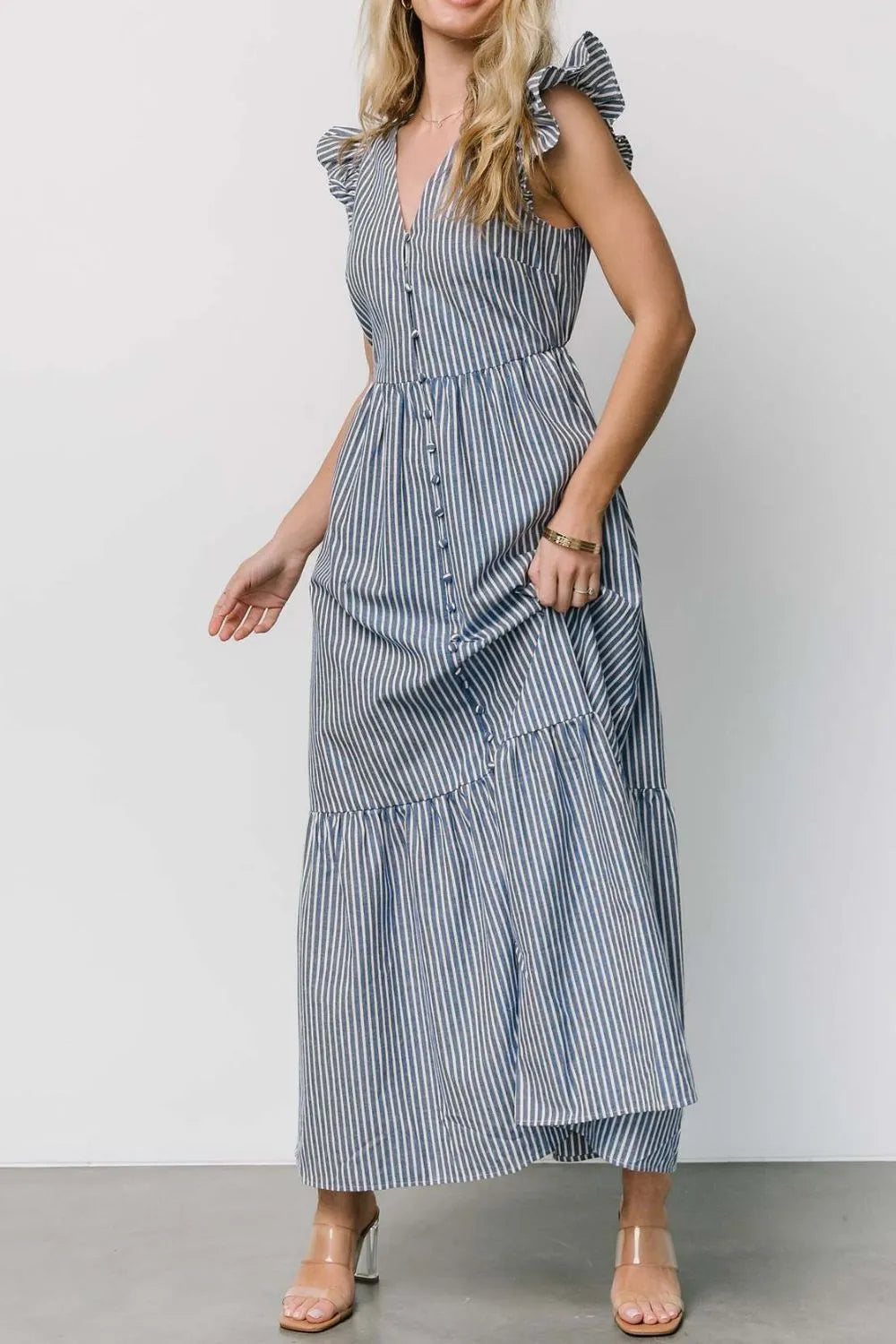 Buy Slit Striped V-Neck Ruffled Cap Sleeve Dress by Faz