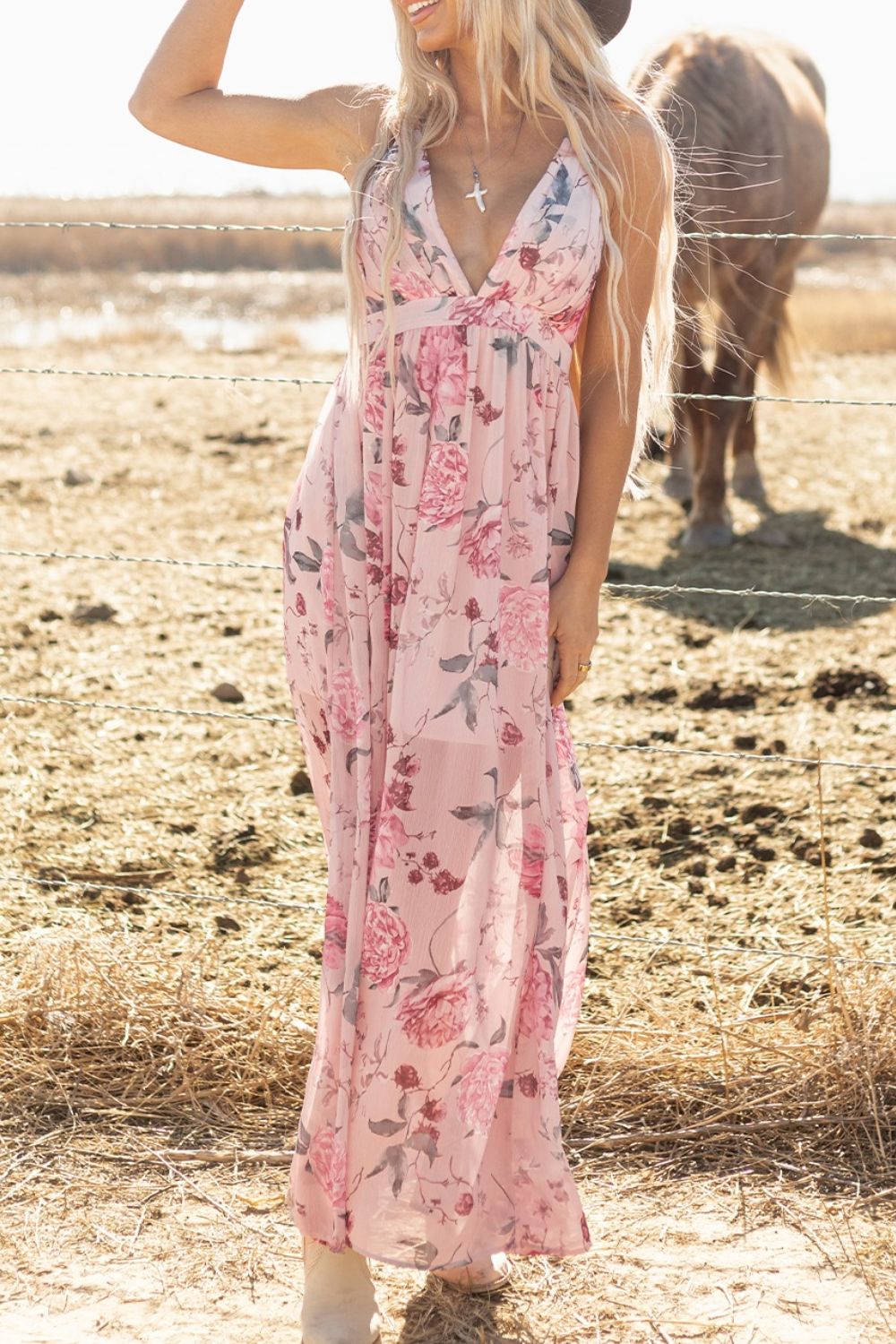 Buy Floral Pleated Deep V Backless Maxi Dress by Faz