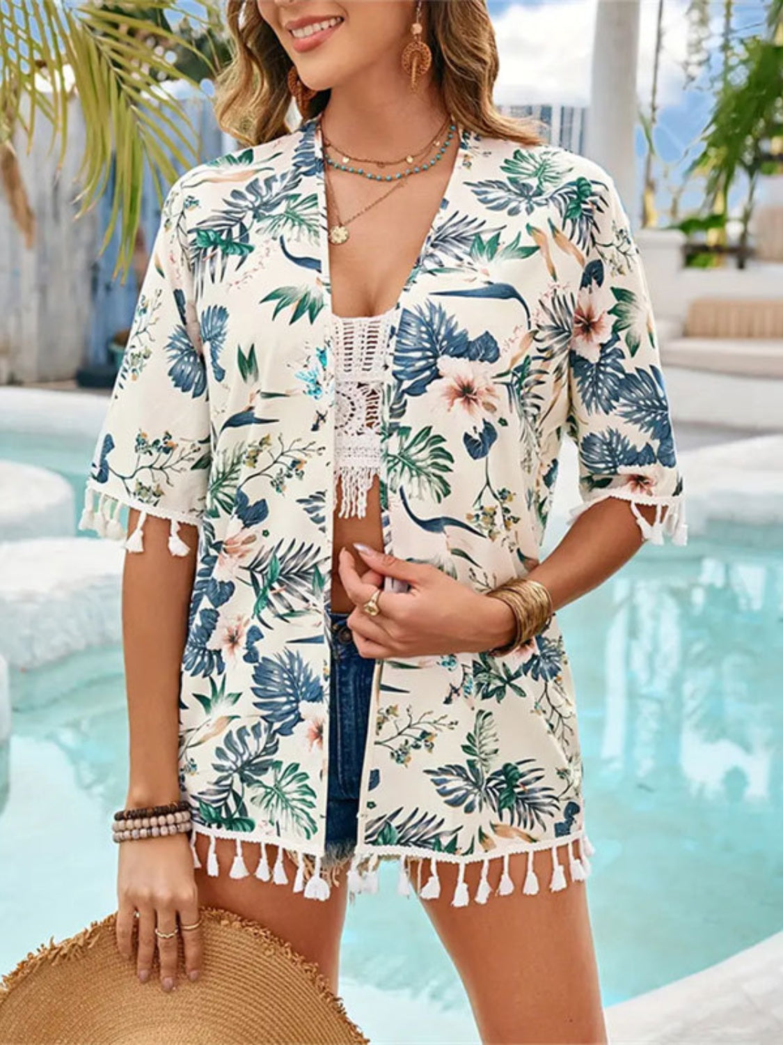 Buy Tassel Printed Open Front Half Sleeve Cover-Up by Faz