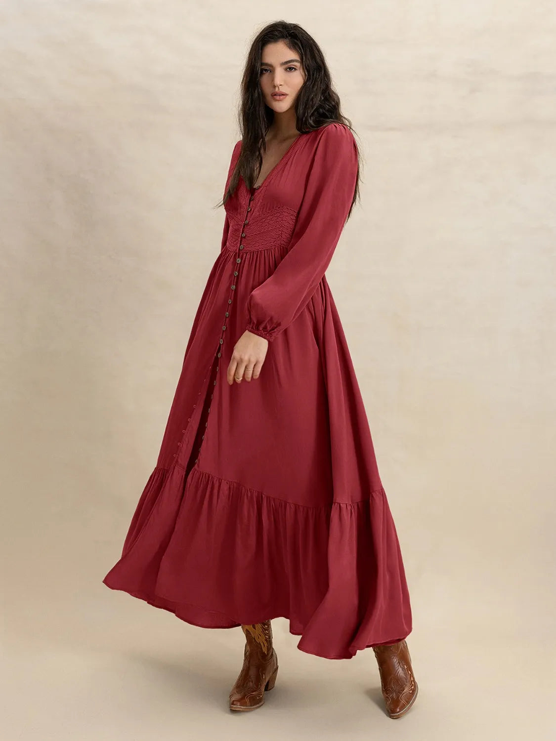 Buy V-Neck Balloon Sleeve Ruffled Hem Maxi Dress by Faz
