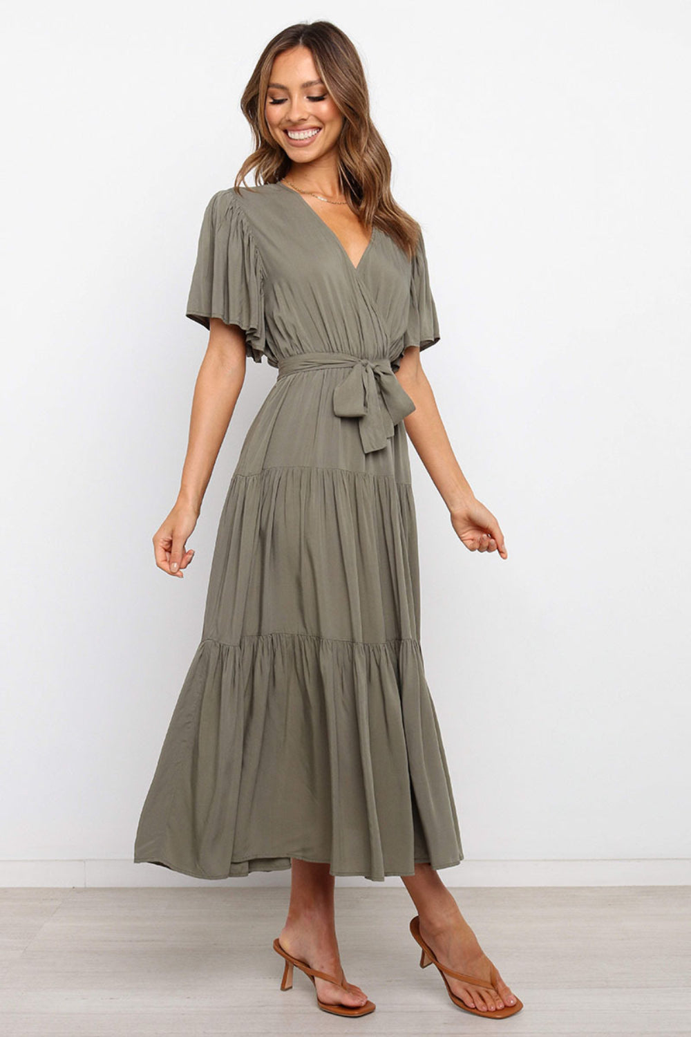Buy Tied Tiered Short Sleeve Midi Dress by Faz