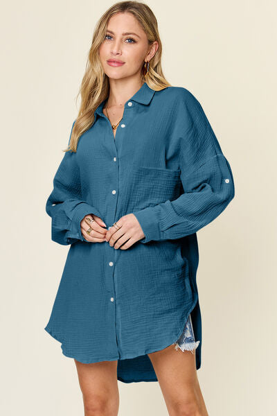Buy Full Size Pocketed Texture Button Up Shirt by Double Take