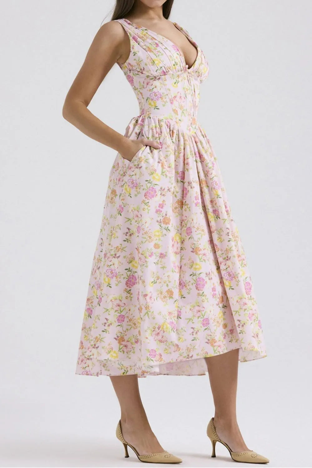 Buy Floral V-Neck Sleeveless Midi Dress with Pockets by Faz